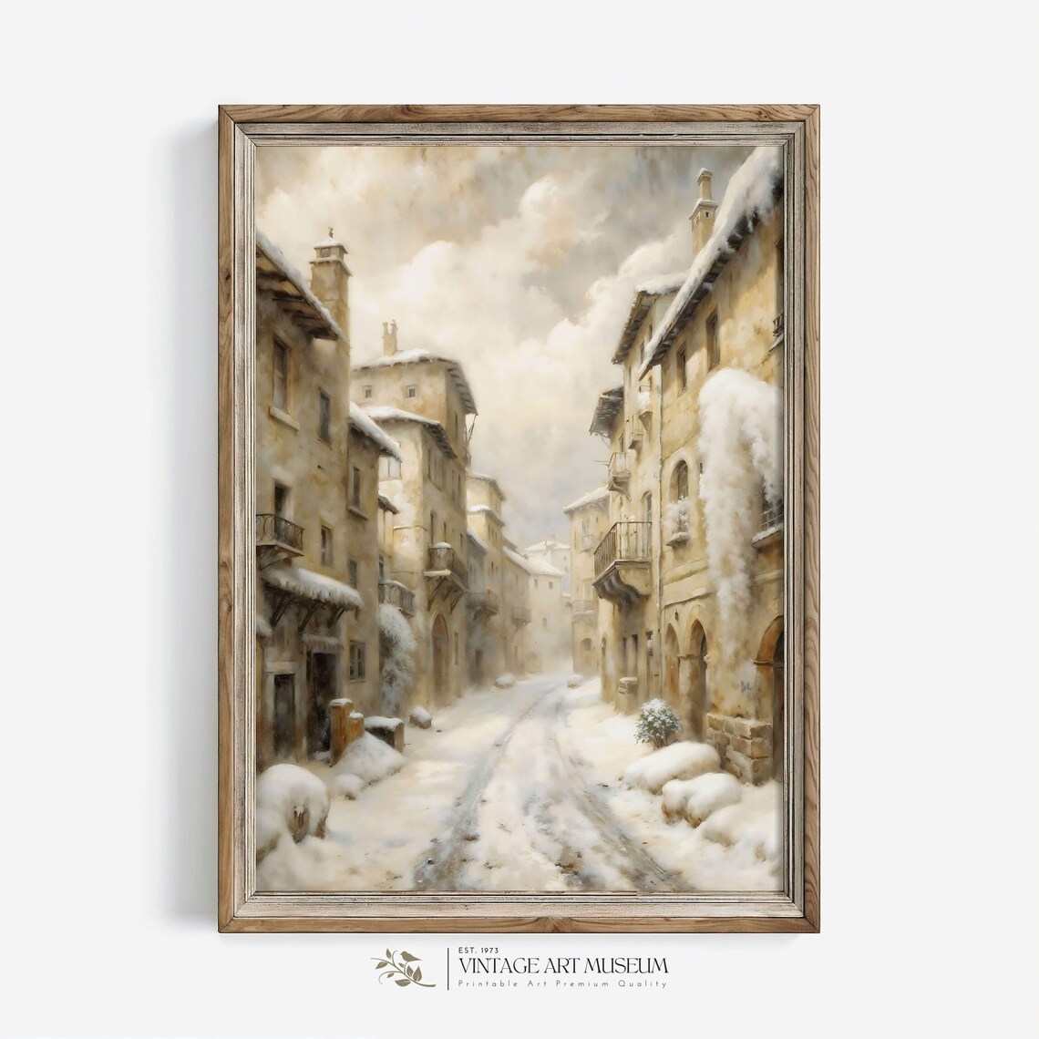 Snowy Old Town Street Between Tall Stone Buildings in Winter Poster