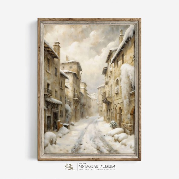 Snowy Old Town Street Between Tall Stone Buildings in Winter Poster