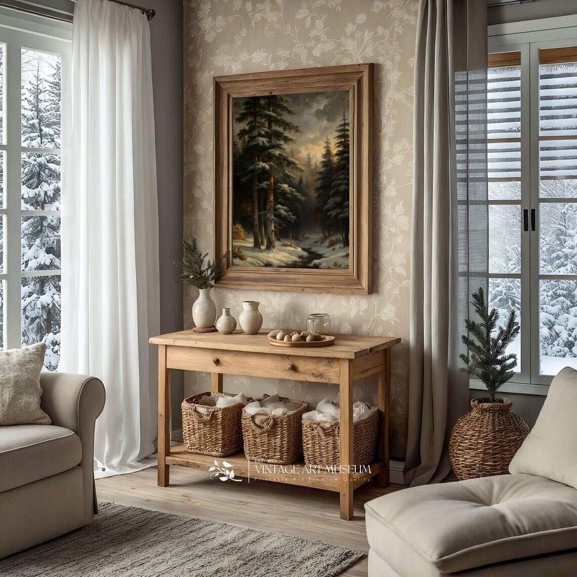 Dark Moody Snowy Pine Forest With Stream Golden Light Vintage Art Poster - Image 2