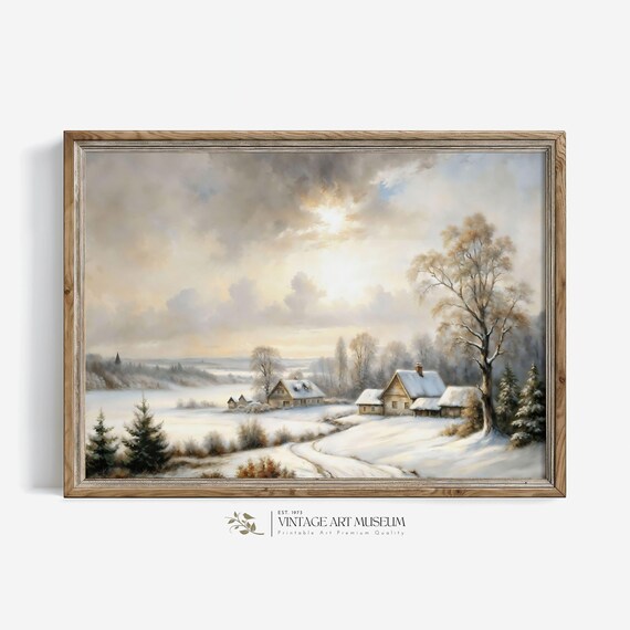 Snowy Countryside with Farm Cottages Sunrise Winter Landscape Wall Art