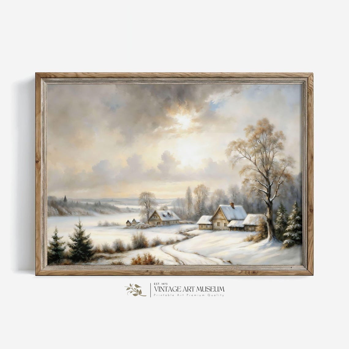 Snowy Countryside with Farm Cottages Sunrise Winter Landscape Wall Art