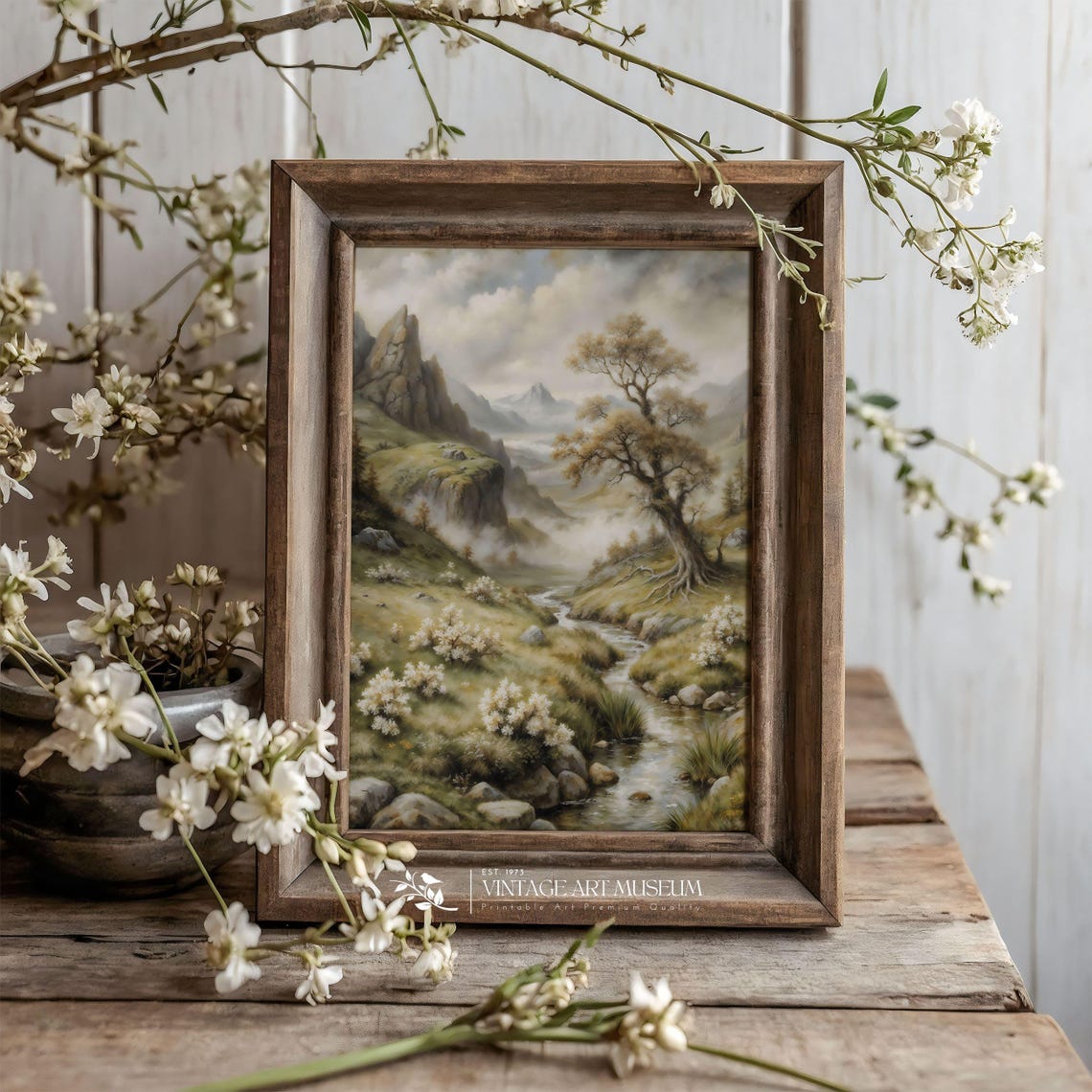 Mountain Valley Stream with Mist Vintage Summer Landscape Wall Art - Image 3