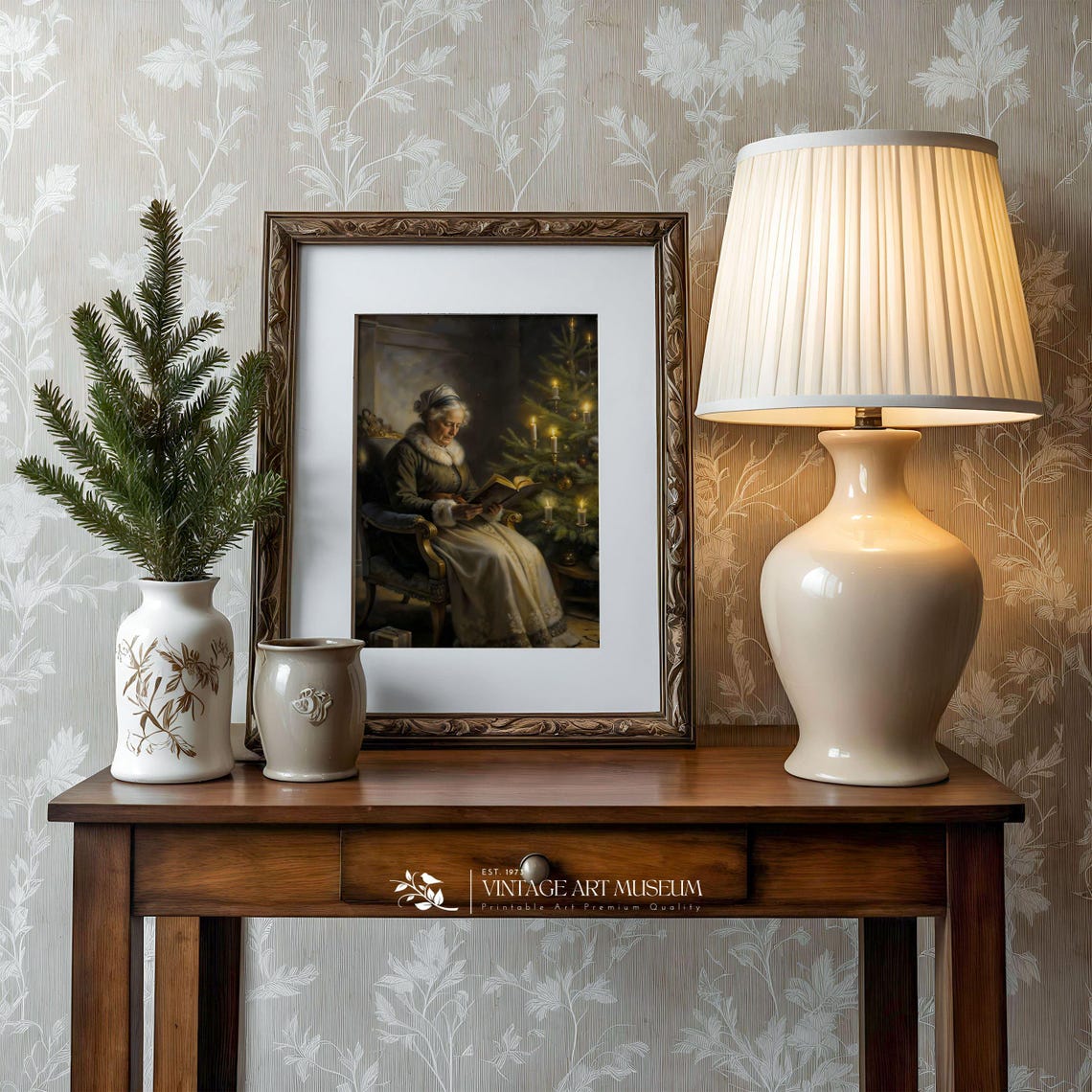 Mrs Claus Reading by Candlelit Christmas Tree Vintage Holiday Wall Art - Image 3