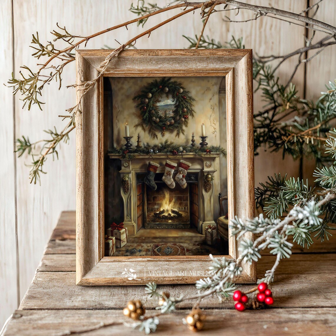 Fireplace Christmas Interior, Vintage Holiday Art Print - Image 3