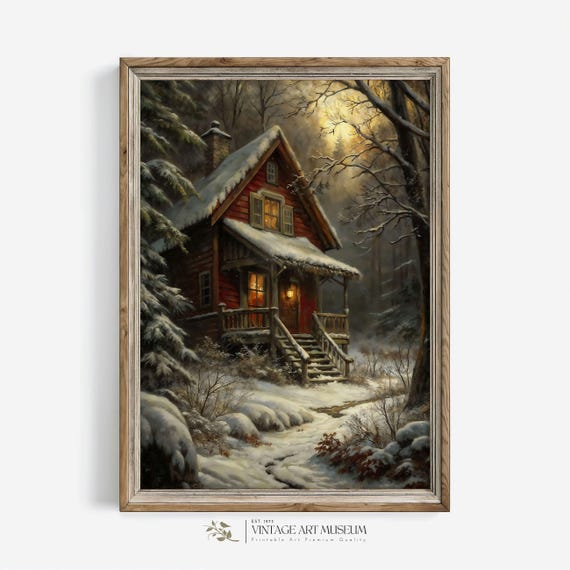 Winter House Snowy Forest Print Moody Christmas Wall Art Vintage Style Painting Dark Cottagecore Holiday Decor 332