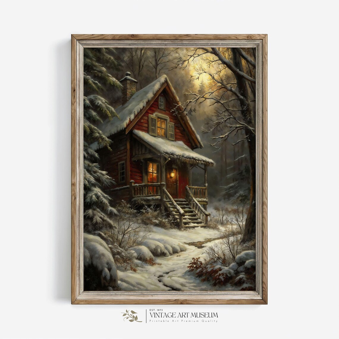 Red Cabin in a Snowy Winter Forest Vintage Oil Painting Style Poster