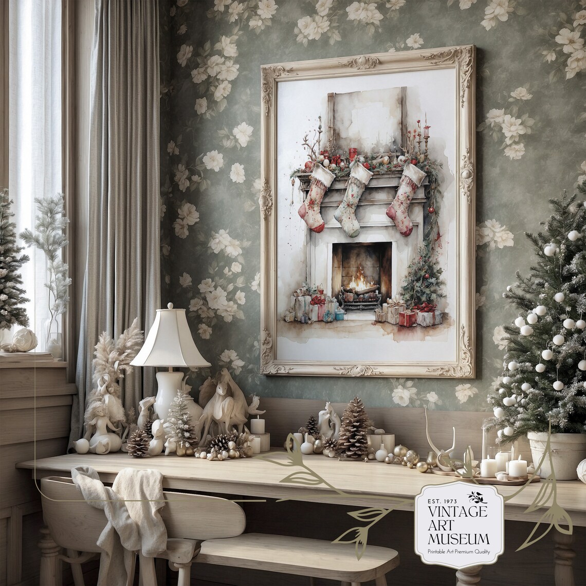 Christmas Fireplace Vintage Art Print, Farmhouse Decor - Image 3