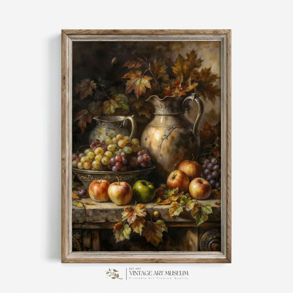 Fall Classic Still Life Moody Autumn Wall Art Fruits Print Vintage Style Oil Painting Cottagecore Kitchen Decor 482