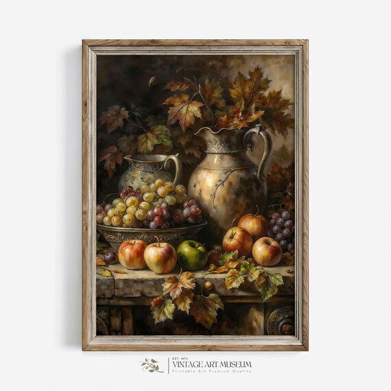 Fall Fruit Still Life with Grapes and Antique Pitchers Oil Painting Wall Art