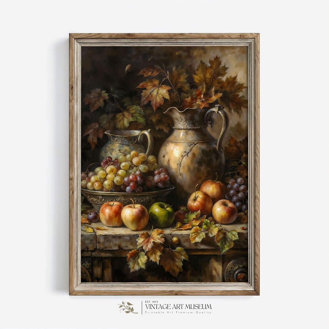Fall Fruit Still Life with Grapes and Antique Pitchers Oil Painting Wall Art