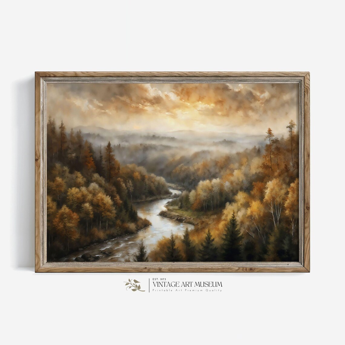 Misty Autumn River Valley Sunrise Golden Forest Vintage Landscape Poster