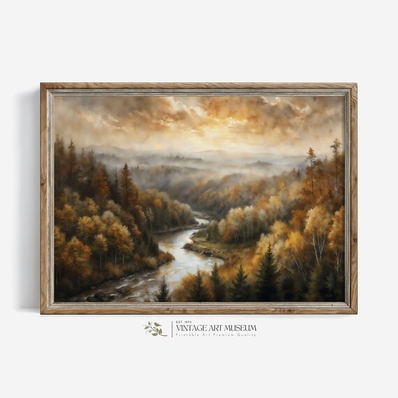 Misty Autumn River Valley Sunrise Golden Forest Vintage Landscape Poster
