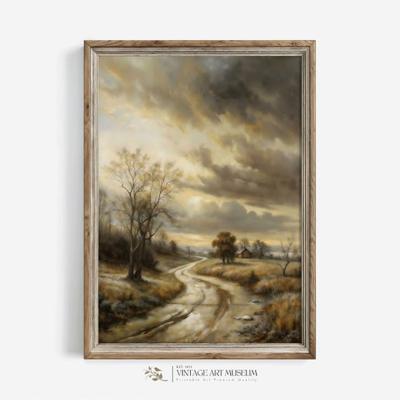 Winding Dirt Road Landscape Print Moody Wall Art Vintage Style Painting Cottagecore Rustic Home Decor 472