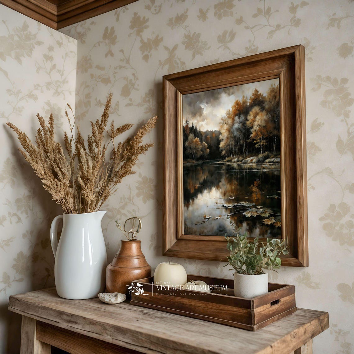 Autumn Lake Dark Fall Oil Painting Vintage Landscape Wall Art - Image 2