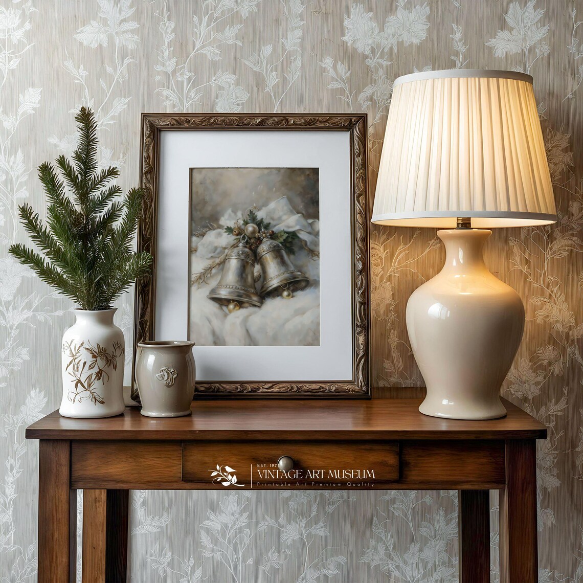 Two Silver Christmas Bells, Cozy Vintage Winter Print - Image 3