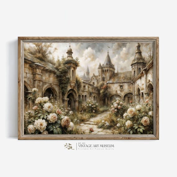 Vintage Castle Garden Wall Art Print Moody Architecture Oil Painting French Country Decor Artwork Room Decor 567