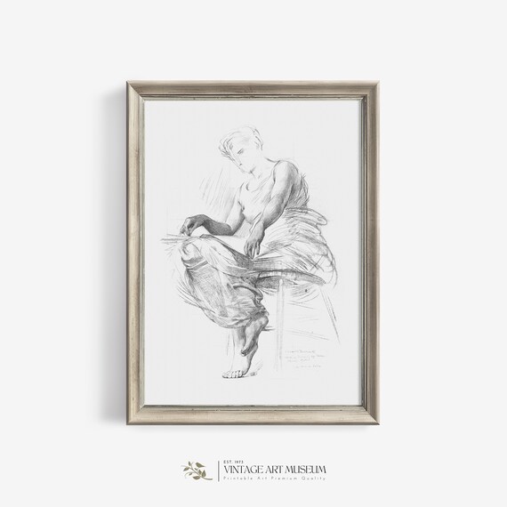 Seated Woman Reading Antique Pencil Sketch Figure Study Wall Art