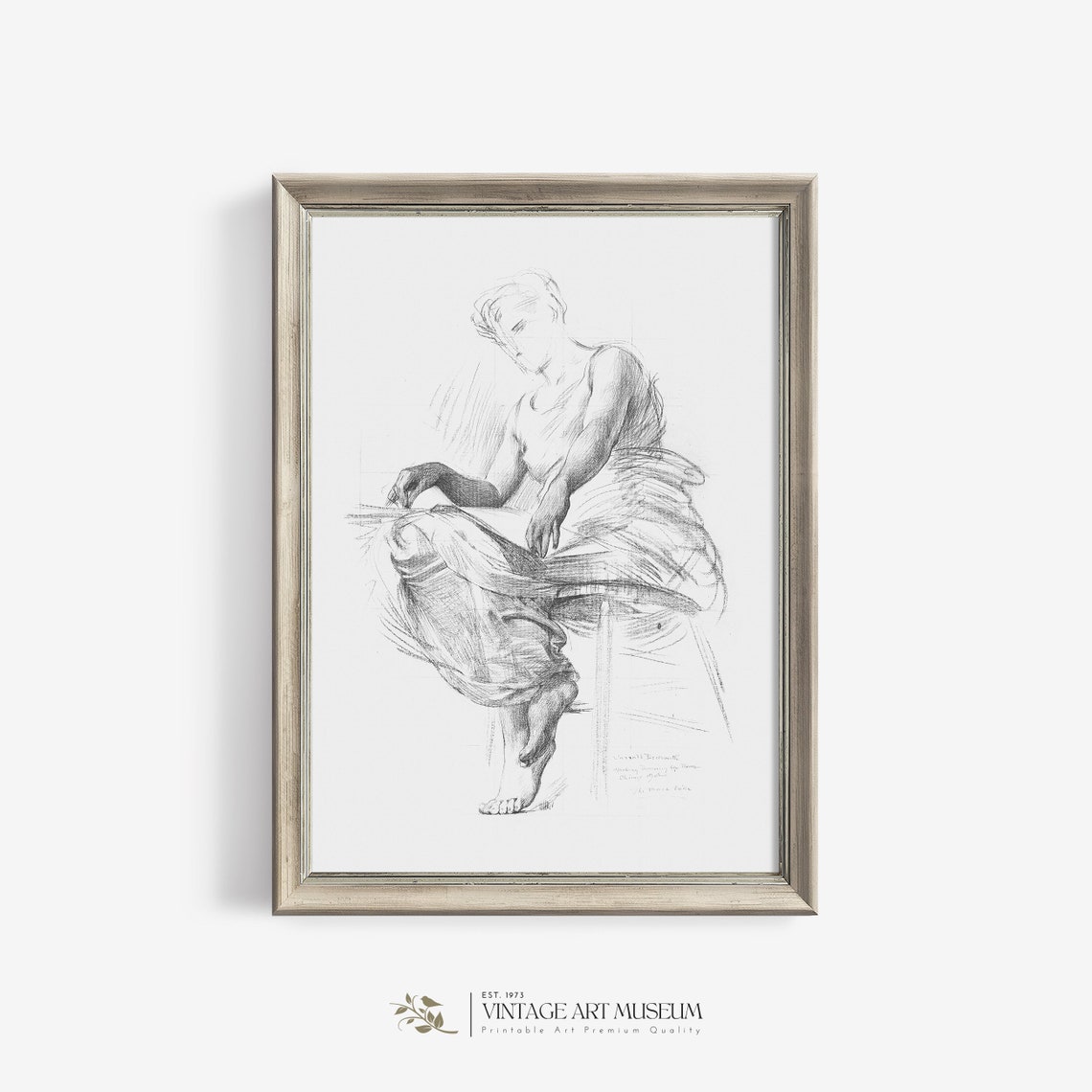 Seated Woman Reading Antique Pencil Sketch Figure Study Wall Art