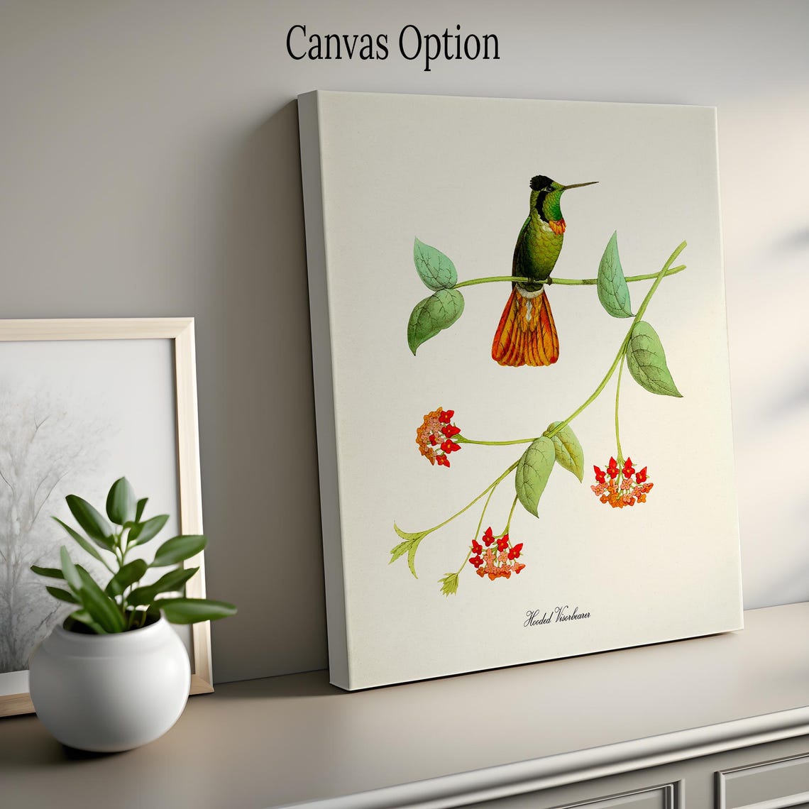 Hummingbird Print Bird Art Print Bird Art Bird Poster Flower Art Floral Garden Hooded Visorbearer Hummingbird Art Green Red - Image 2