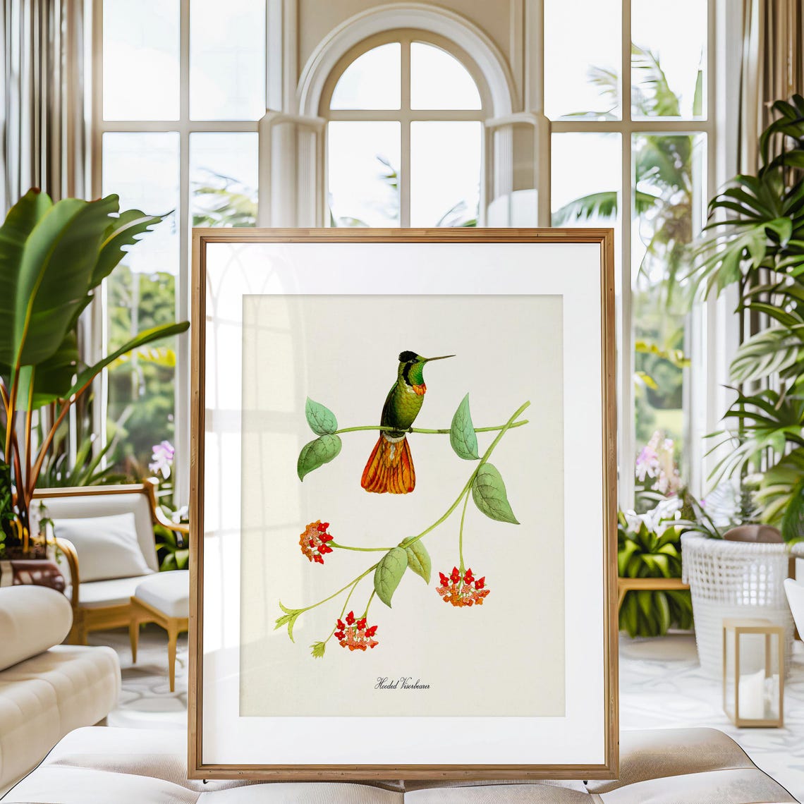 Hummingbird Print Bird Art Print Bird Art Bird Poster Flower Art Floral Garden Hooded Visorbearer Hummingbird Art Green Red - Image 3