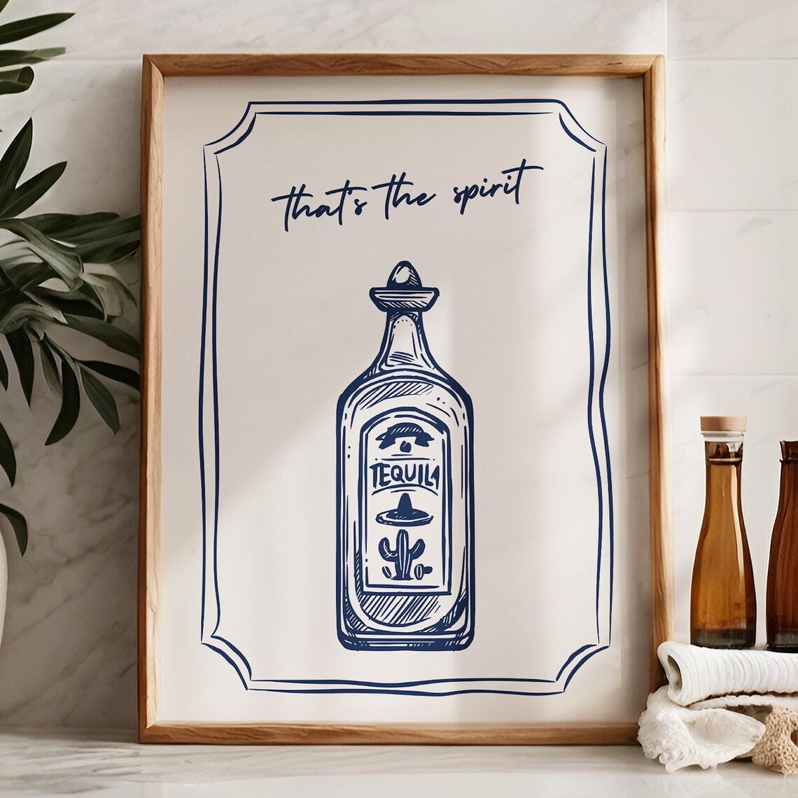 Thats the Spirit Tequila Bottle Navy Line Art Bar Cart Print - Image 4