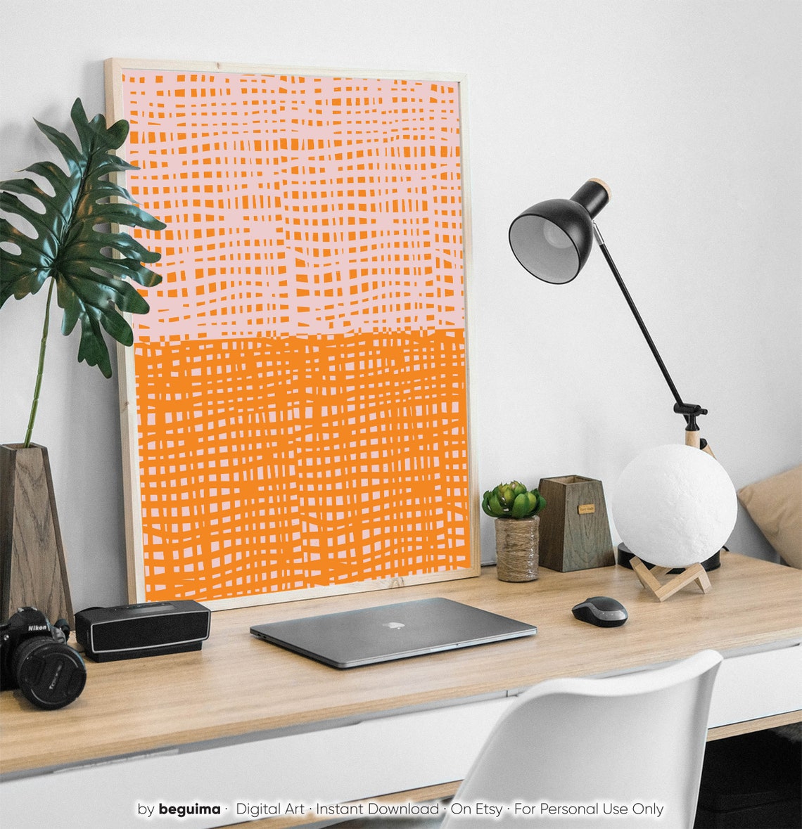 Orange Grid On Blush Pink Decorative Abstract Pattern Wall Art - Image 3