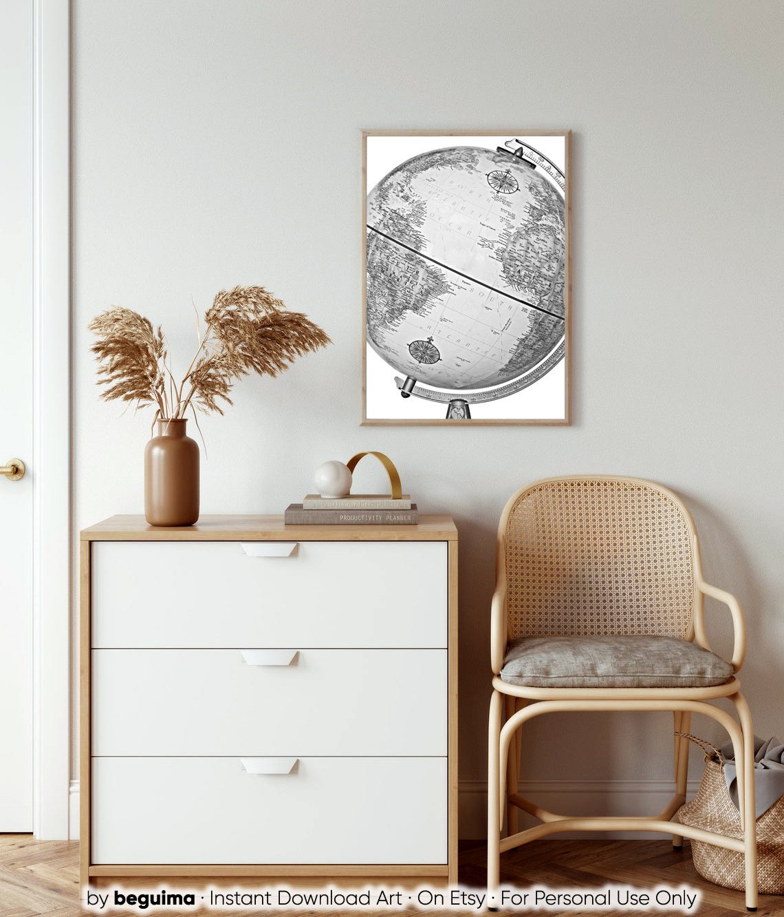 Vintage Desk Globe Old World Map Black and White Travel Poster - Image 2