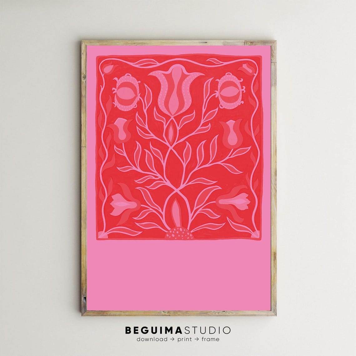 Pink Red Folk Floral Abstract Flower Painting Retro Botanical Poster