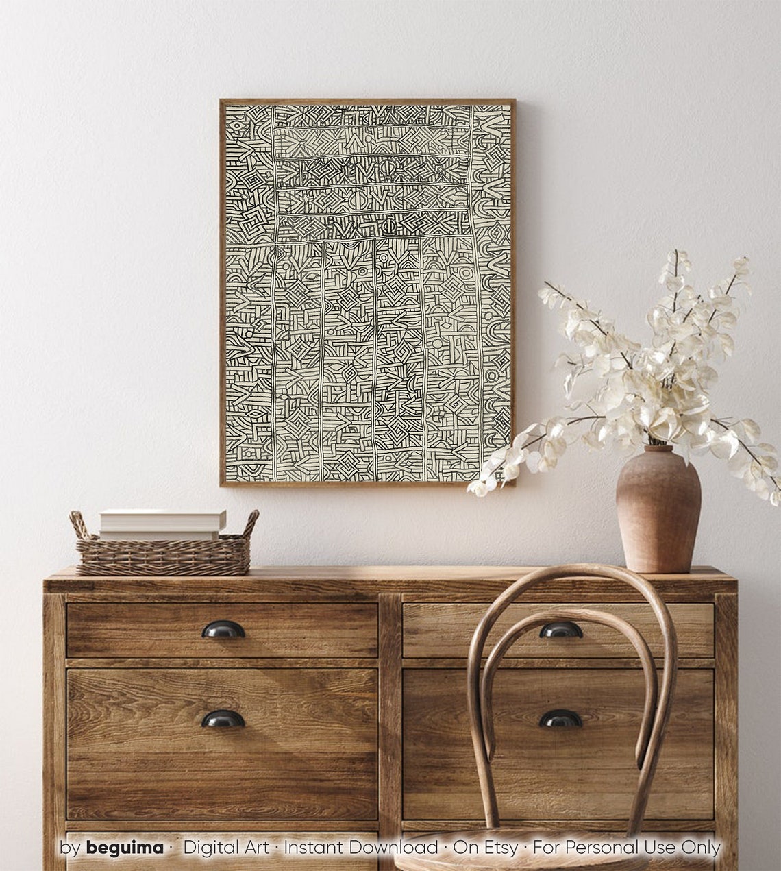 African Mudcloth Tribal Geometric Line Pattern Black Cream Poster - Image 4