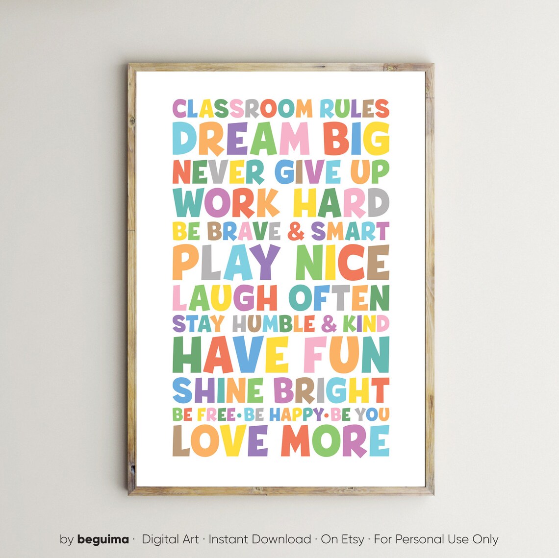 Classroom Rules Dream Big Never Give Up Colorful Kids Poster