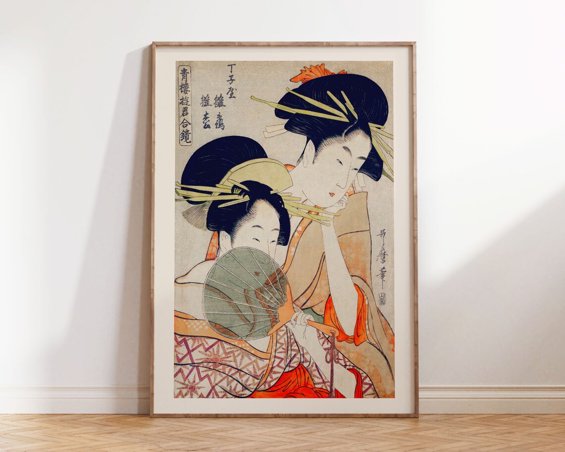 Vintage Japanese Ukiyo-e Two Women Kimono Woodblock Art Poster