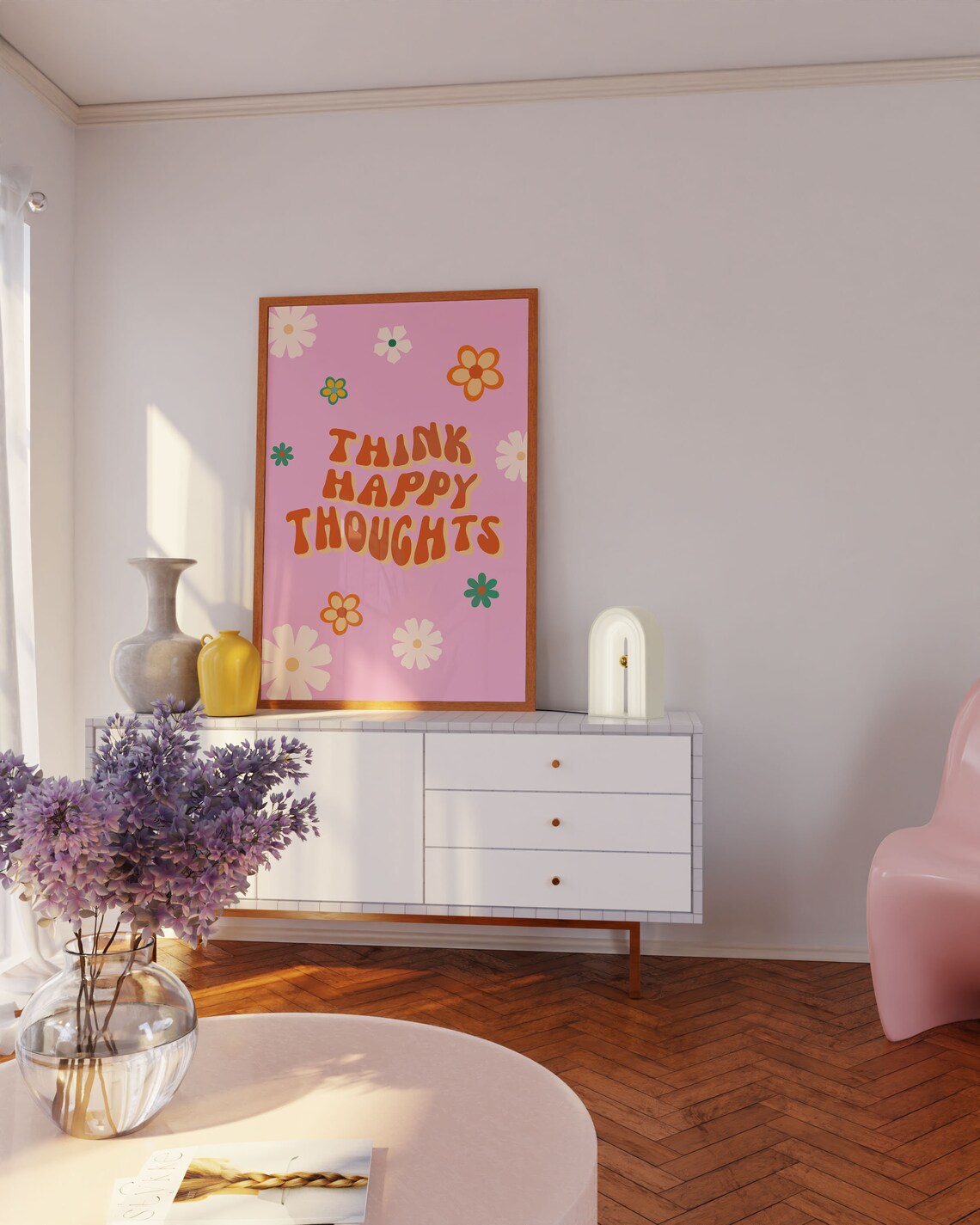 Groovy Pink Floral Retro Art Print, Hippie Decor - Image 3