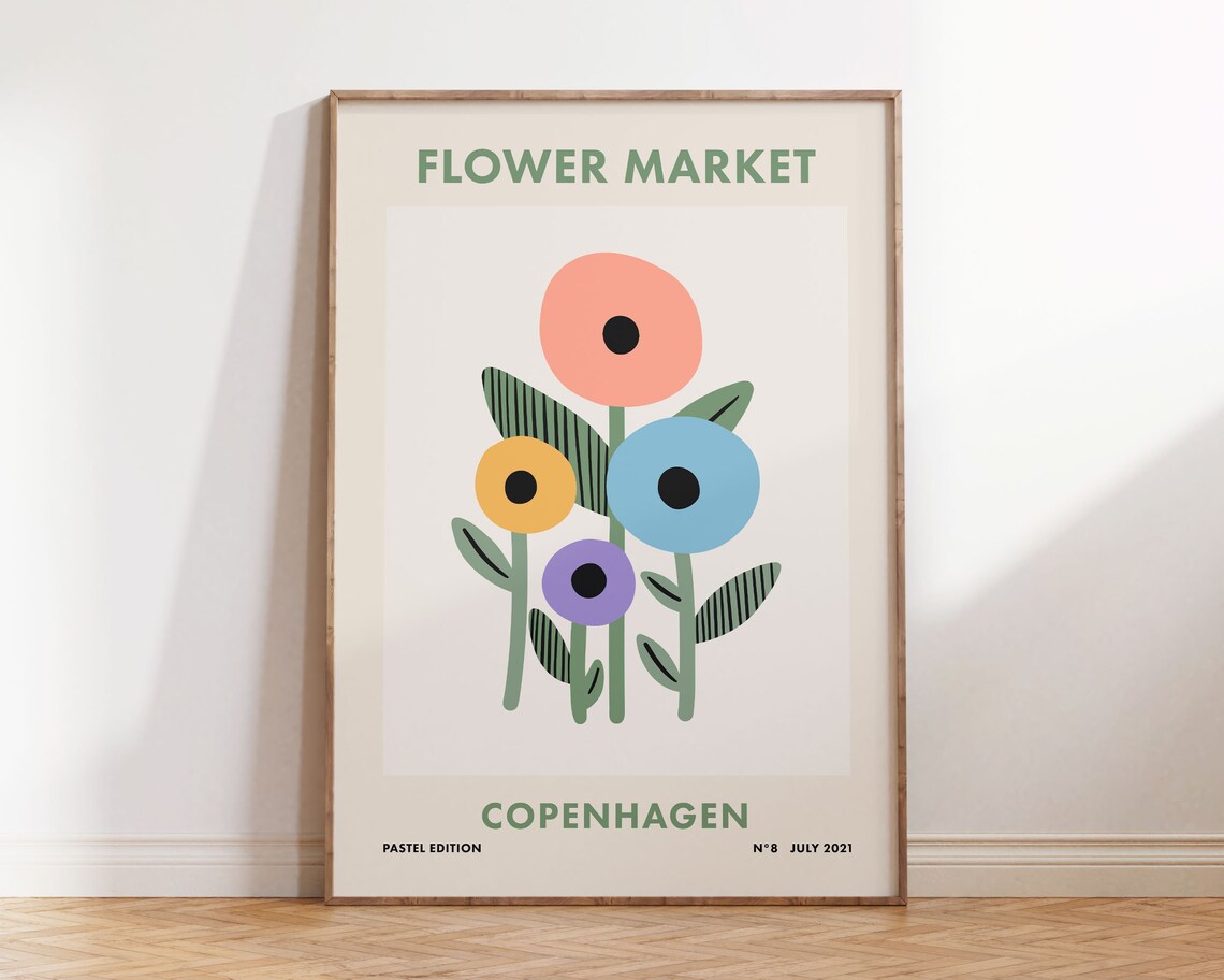 Flower Market Copenhagen Retro Pastel Floral Botanical Art Poster