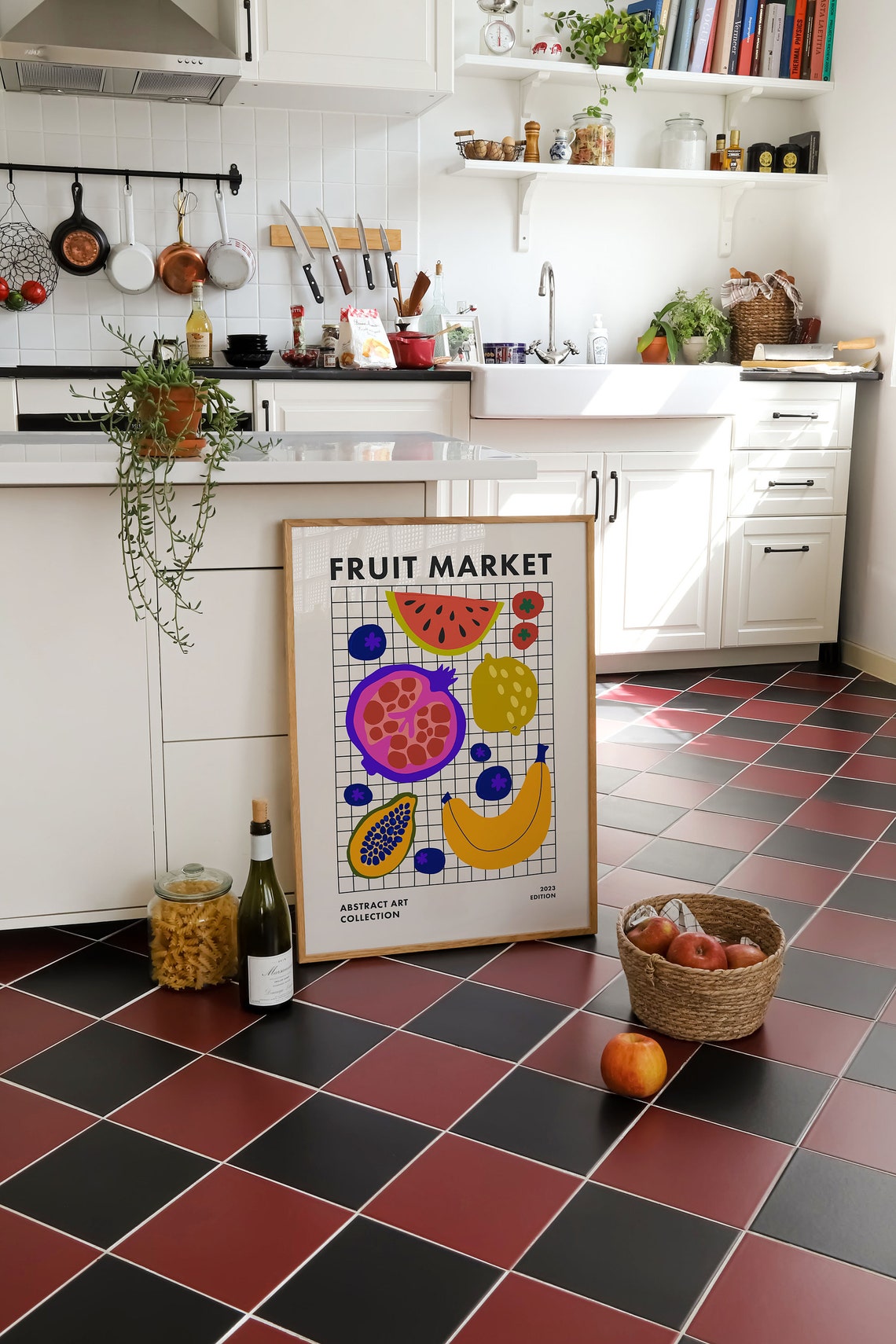 Fruit Market Watermelon Pomegranate Grid Retro Kitchen Abstract Poster - Image 3