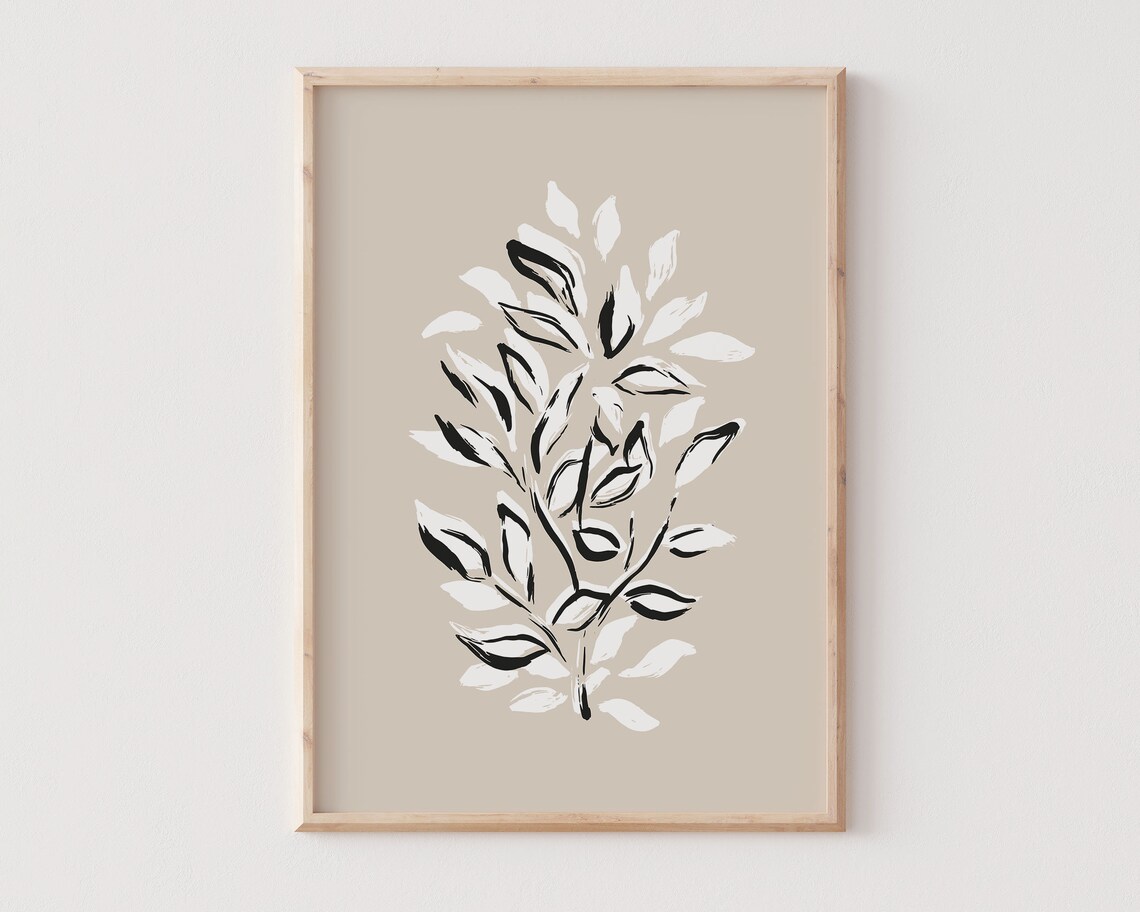 Beige Botanical Leaves Branch Minimalist Ink Sketch Wall Print