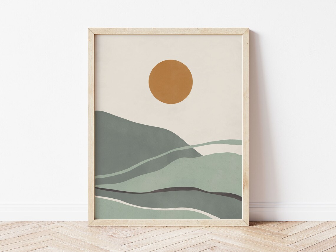 Boho Sunset Poster Minimalist Sage Green Rolling Hills Mustard Sun Art