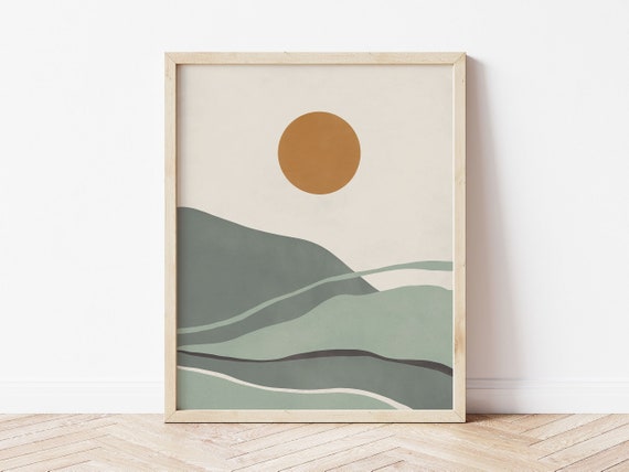 Boho Sunset Print Modern Minimalist Landscape In Sage Green Tones