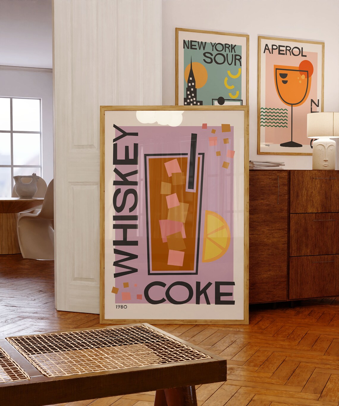 Whiskey Coke 1980 Retro Illustrated Cocktail Bar Cart Poster - Image 2
