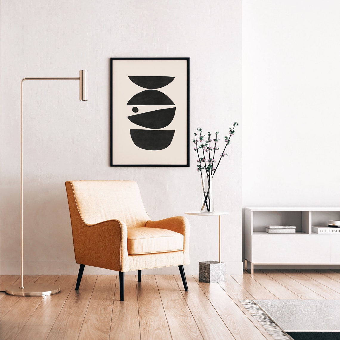 Mid Century Modern Abstract Poster Black Half Moon Shapes On Beige - Image 3