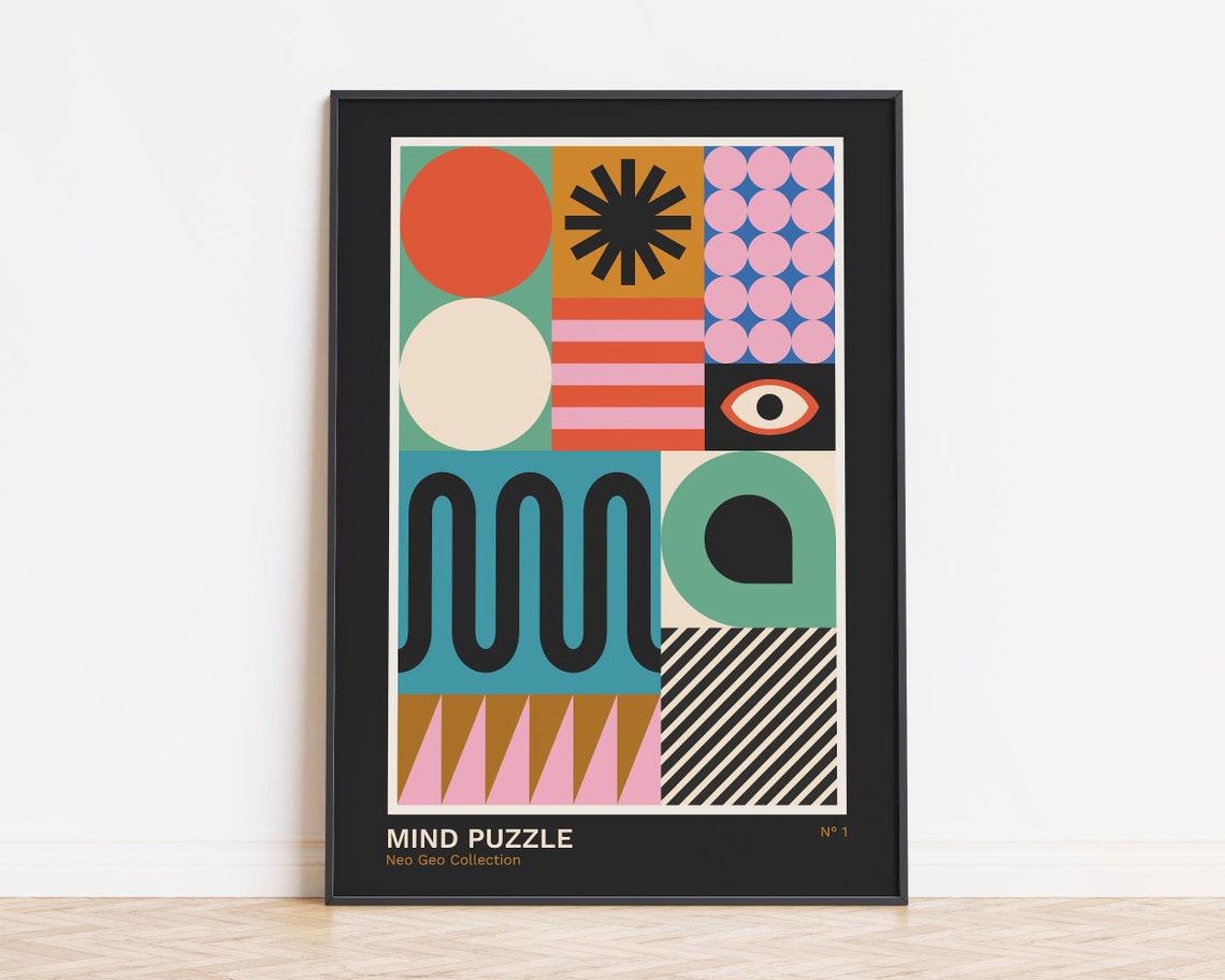 Mind Puzzle Neo Geo Colorful Geometric Collage Retro Art Poster