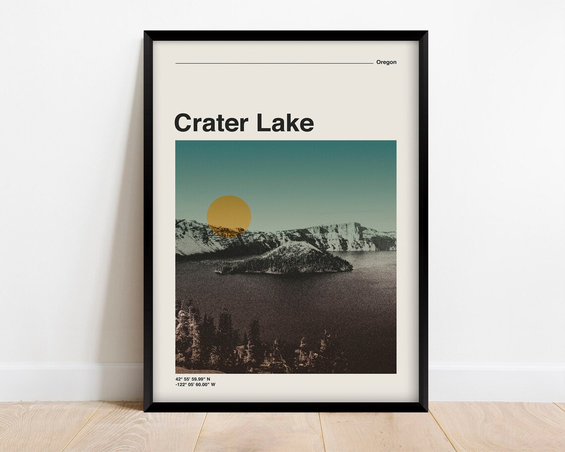 Crater Lake Oregon Travel Poster Retro Sunset Volcano Lake Landscape