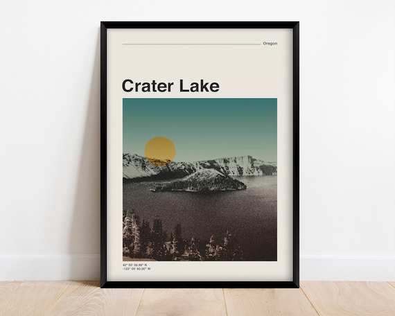 Crater Lake Oregon Travel Poster Retro Sunset Volcano Lake Landscape