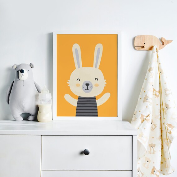 Happy Cartoon Rabbit Striped Shirt Mustard Orange Nursery Poster