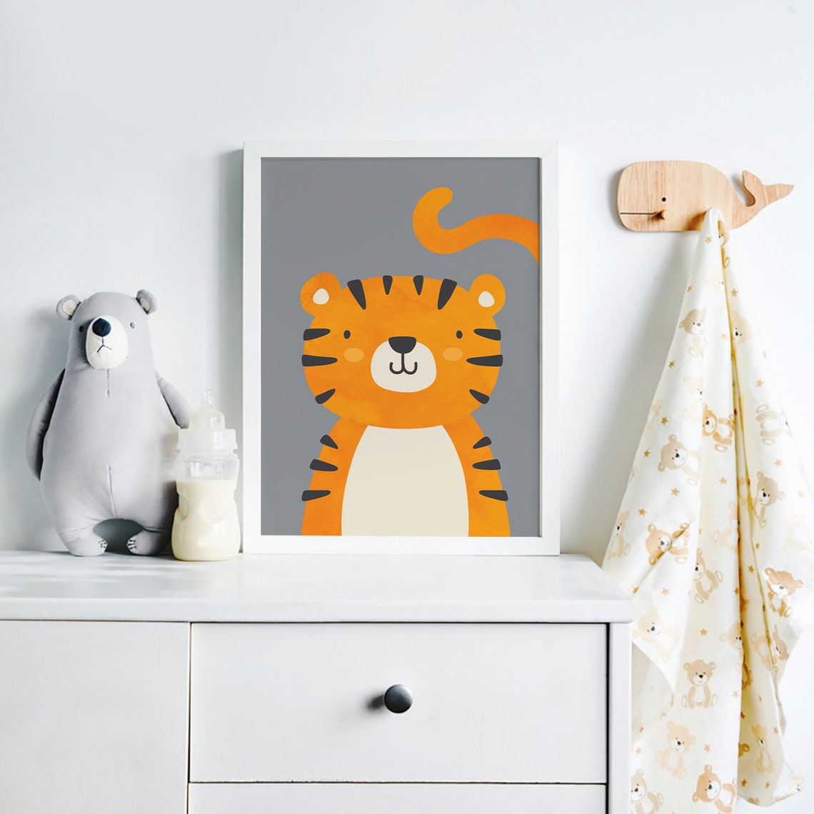 Cute Orange Tiger Cub Smiling Gray Background Kids Nursery Poster