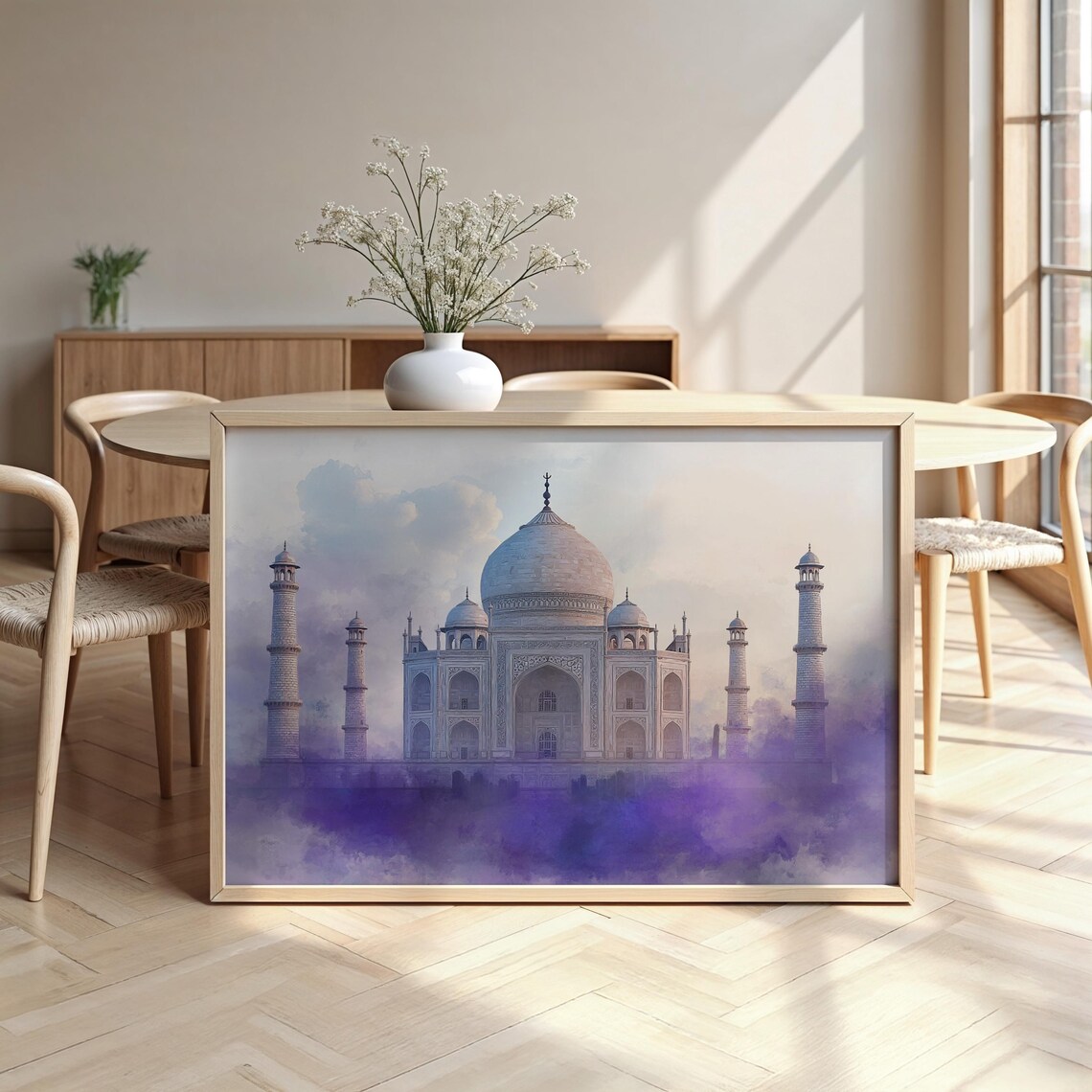 Taj Mahal Watercolor Purple Mist Ivory Dome Minarets Landmark Poster