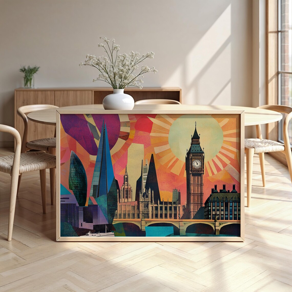 London Landmarks Collage Poster Big Ben Shard Gherkin Colorful Skyline Art