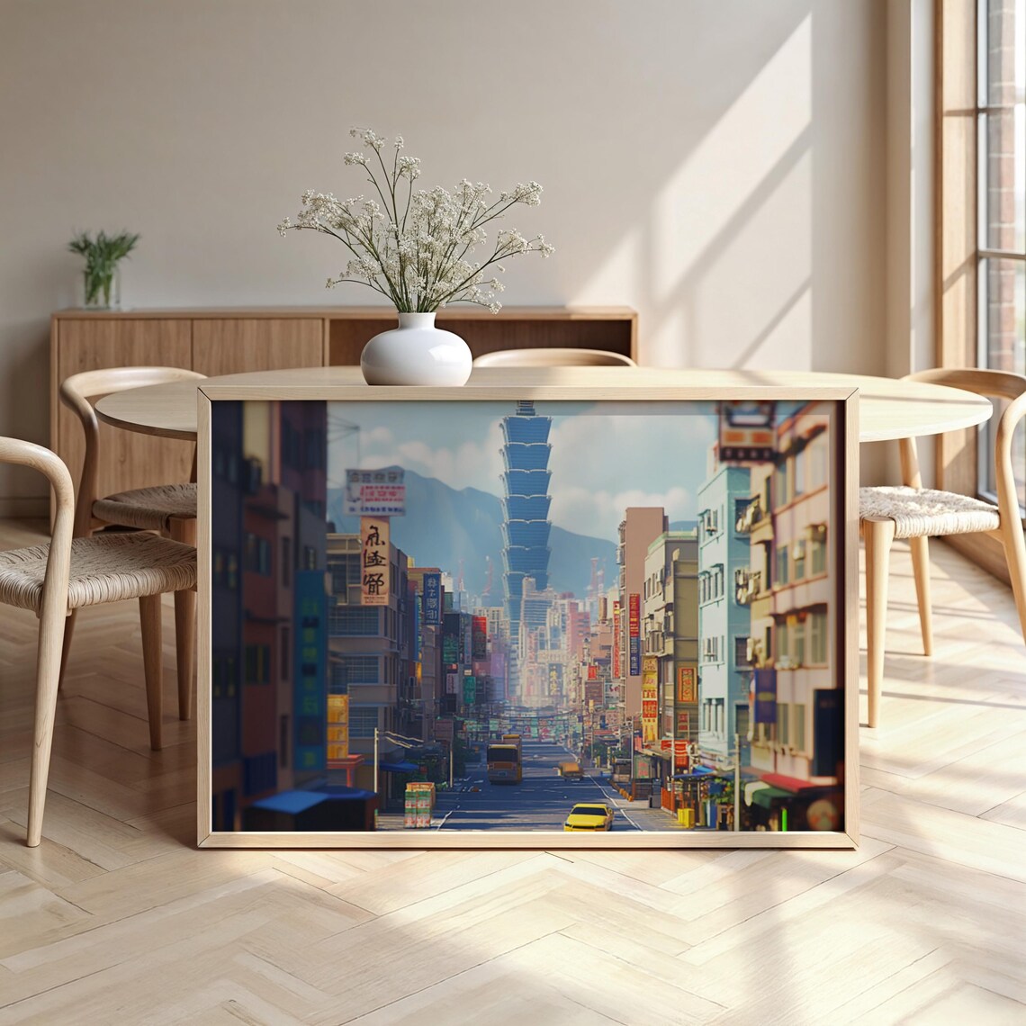 Taipei 101 Street Scene Neon Signs City Skyline Night Poster