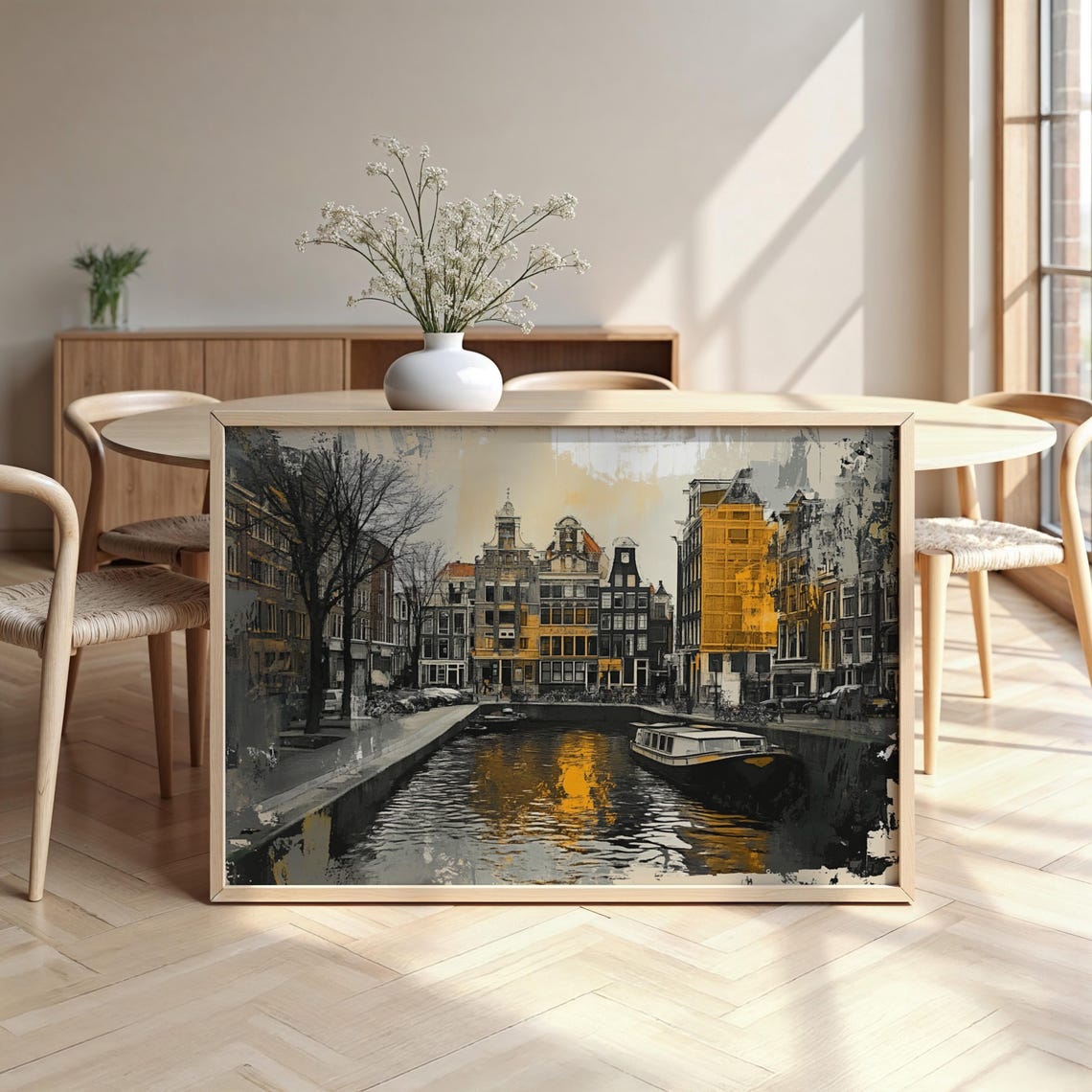 Amsterdam Canal Cityscape Yellow Accent Modern Art Framed Wall Poster