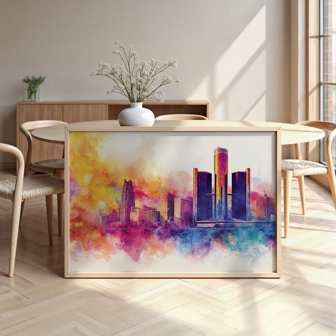 Detroit Skyline Watercolor Poster at Sunset with Bold Orange Sky