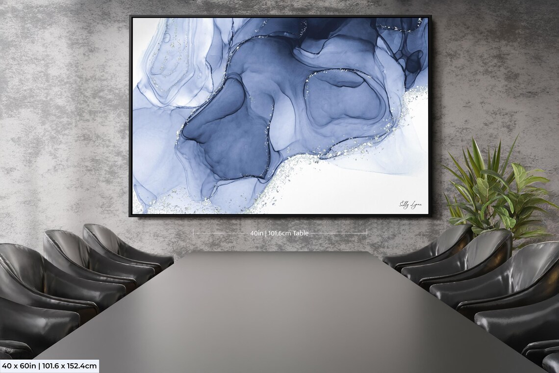 Blue Silver Marble Abstract, Modern Wall Art Print - Image 2